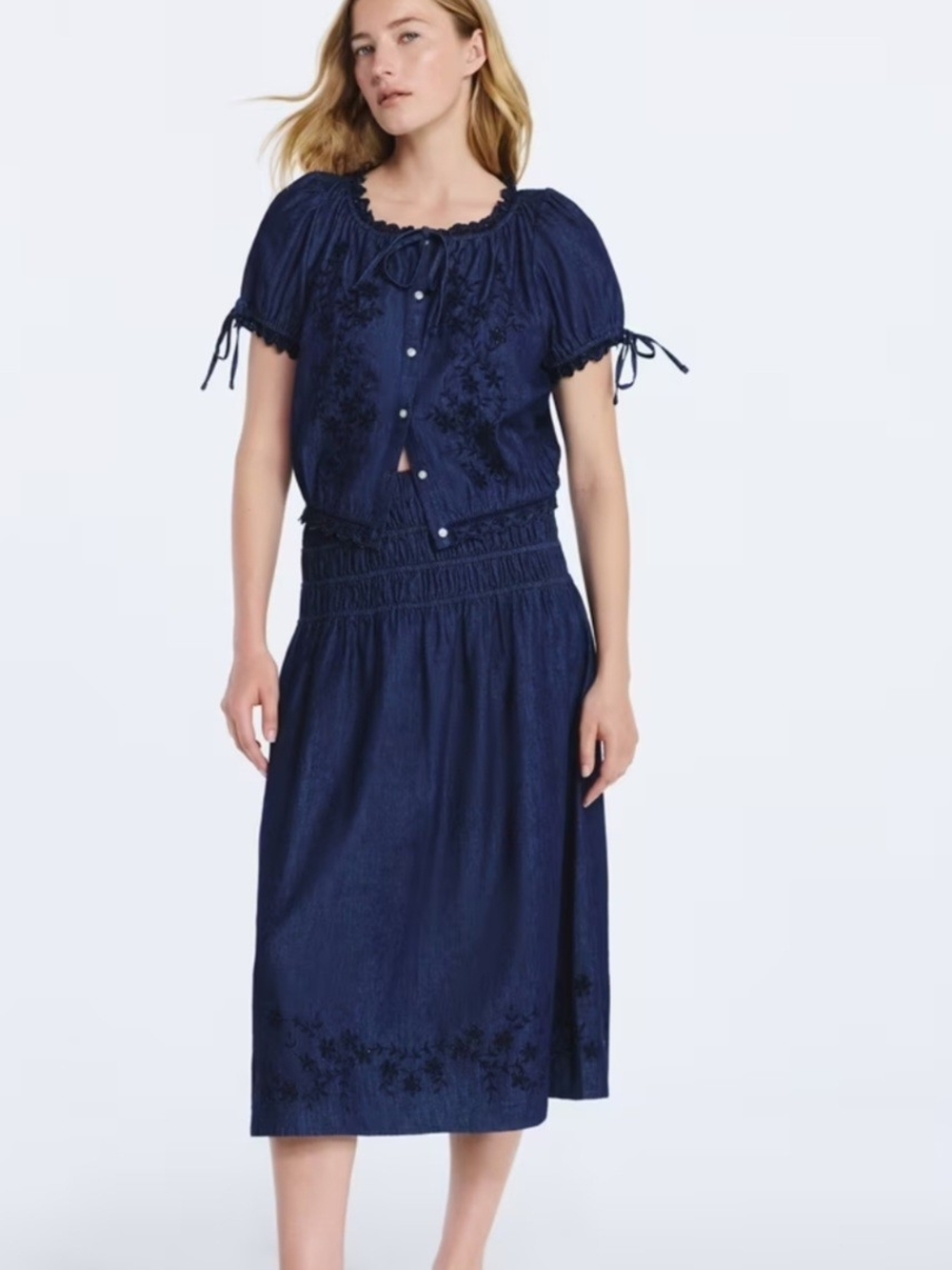 Free Assembly Embroidered Cotton Maxi Skirt with Smocked Waist